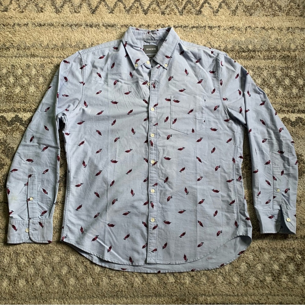 Bonobos Light Blue Chambray Button-Down Shirt with Feather Print XL